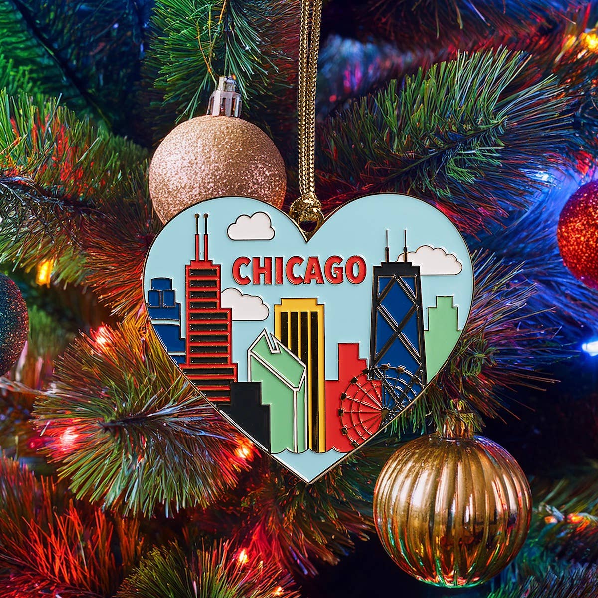 Chicago Skyline Heart Enamel Holiday Ornament