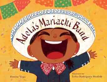 The cover of Adelas Mariachi Band shows a joyful child wearing a large sombrero, arms raised with a big smile, set against a festive backdrop with colorful banners, embodying the essence of Mexican music.