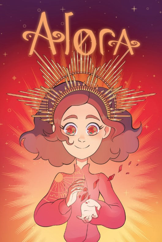An illustration from Alora, Witch Princess showcases a girl with a radiant crown and stylized eyes holding a glowing red heart shattering into petals. Alora is elegantly inscribed above her against a Majo Majo Celebration-inspired backdrop with a purple-to-orange gradient and shimmering stars.