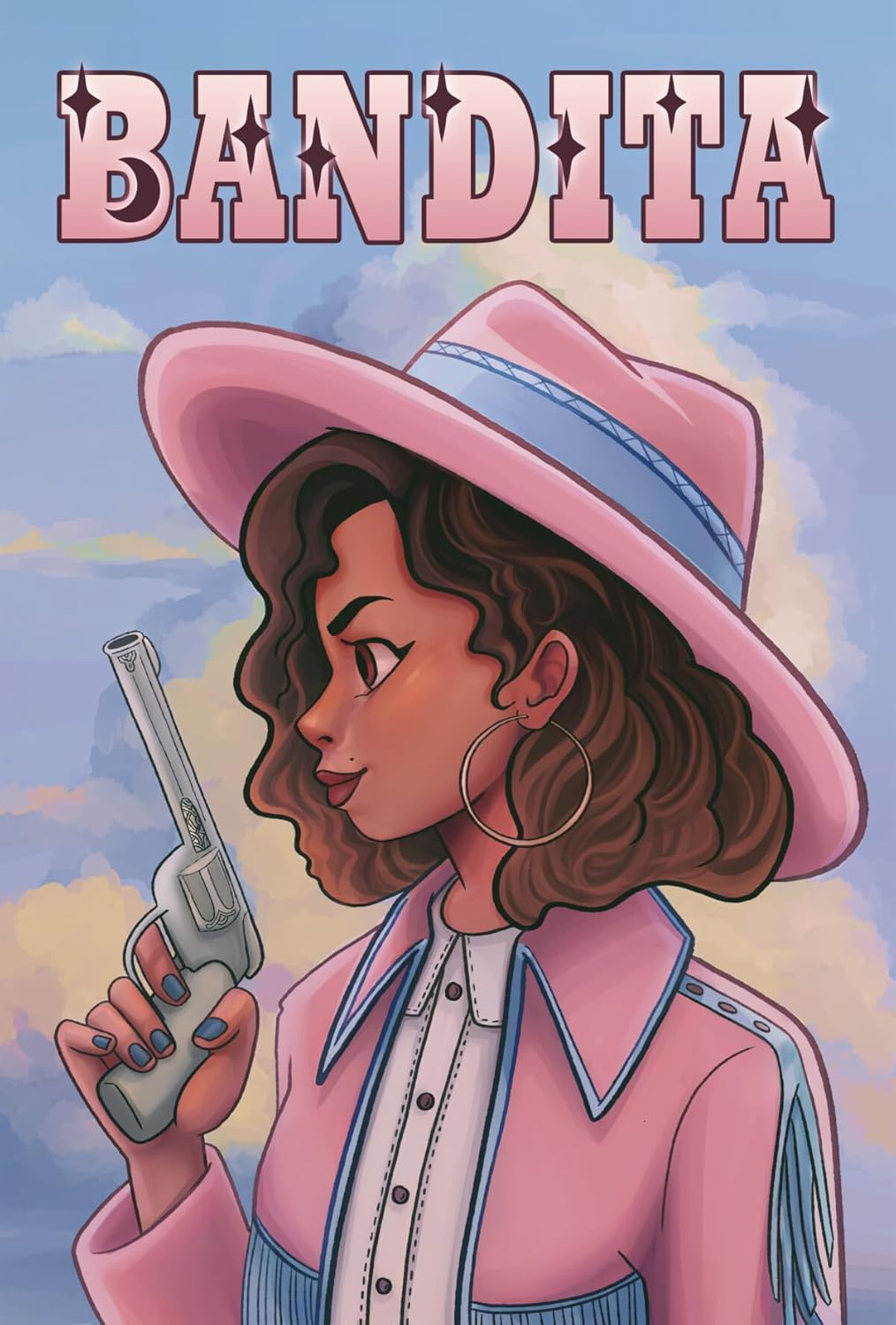 A young woman with curly hair and large hoop earrings, dressed in a pink cowboy hat and jacket, holds a revolver. Bandita is written in stylized letters against a cloudy sky background, showcasing her as part of the Dominican superhero universe in BANDITA.