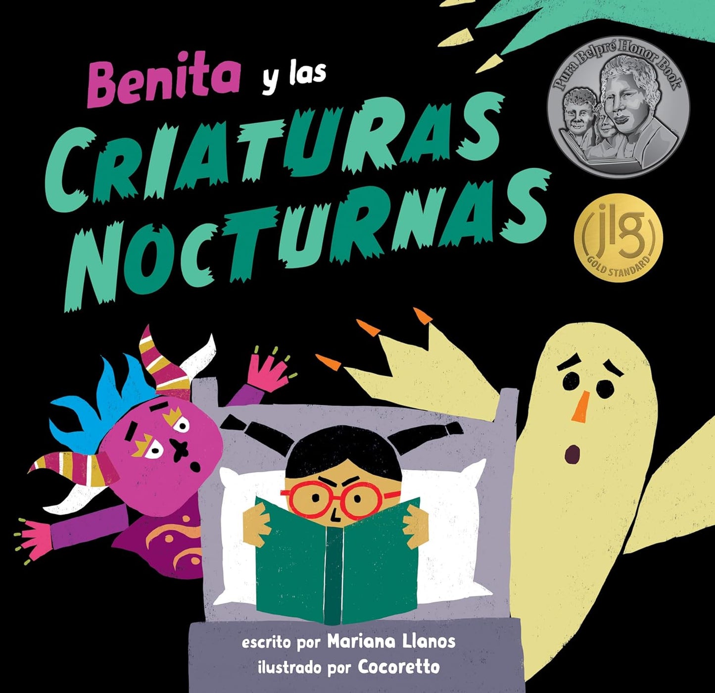 The book cover for Benita y las criaturas nocturnas shows a child engaged in bedtime reading, surrounded by a colorful creature and ghostly figure, with art inspired by Peruvian lore. Award logos are present, and the work features contributions from author Mariana Llanos and illustrator Cocoretto.