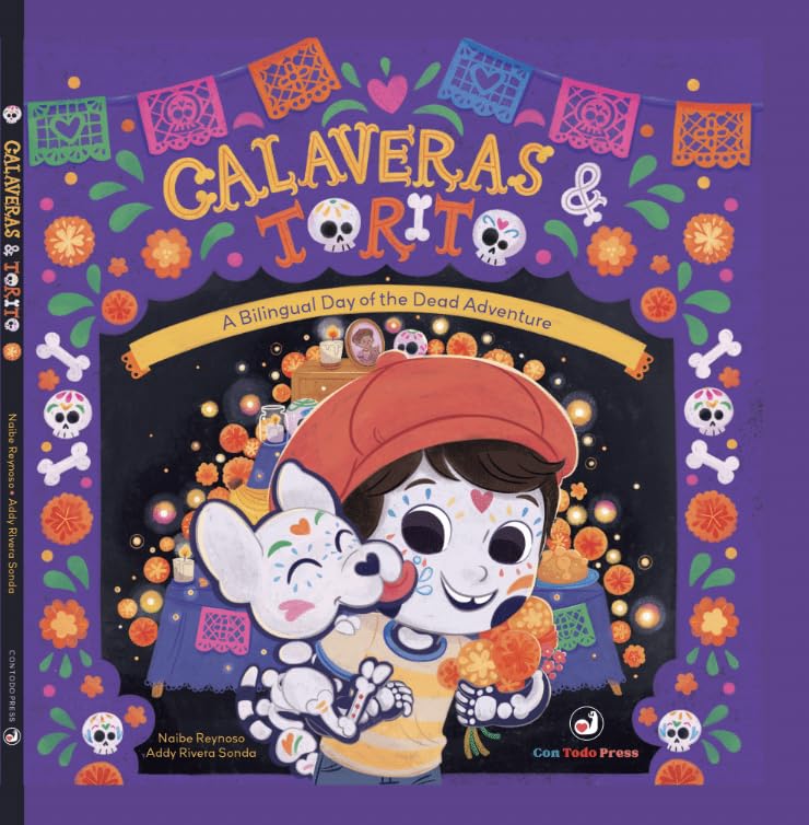 Cover of Calaveras and Torito showcasing a cartoon child and dog amid colorful decorations, marigolds, skulls, and a welcoming ofrenda on a vivid purple backdrop.