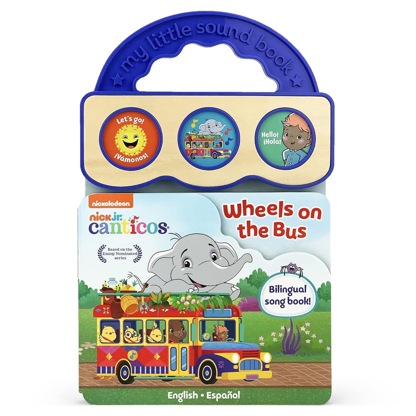 The cover of the childrens songbook Canticos Las ruedas del bus / Wheels on the Bus features an illustration of Canticos characters and animals on a colorful bus. It includes interactive sound buttons and a handle for easy carrying.