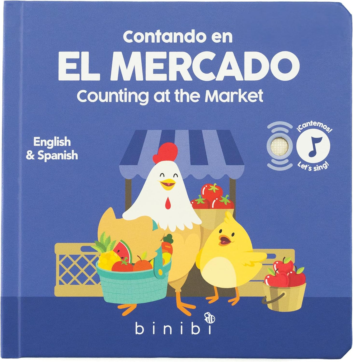 The bilingual childrens book Contando en el mercado / Counting at the Market features a cartoon hen and chick with baskets of fruits and veggies. It includes a musical note button hinting at a nursery rhyme sing-along feature.