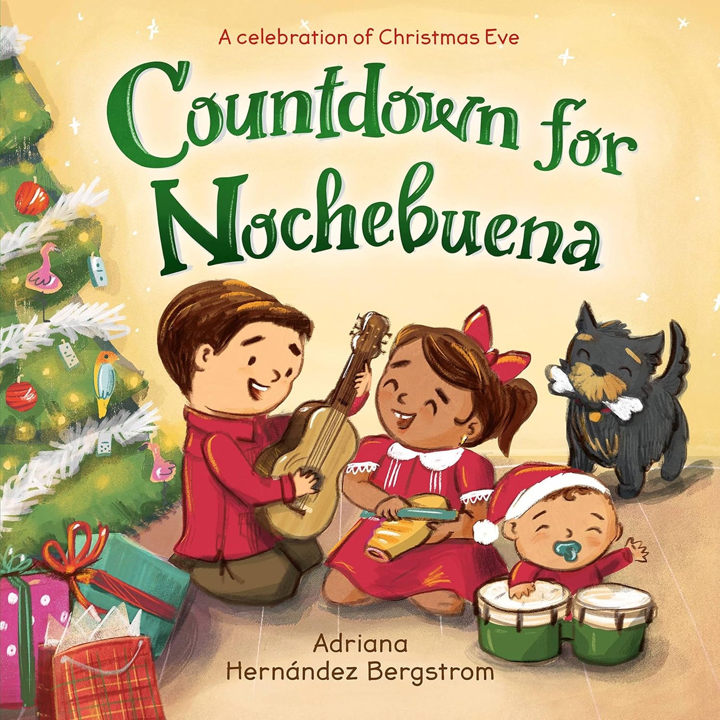 The Countdown for Nochebuena book by Adriana Hernández Bergstrom features a colorful cover depicting Latine Christmas Eve traditions with a family: a man on guitar, child with maracas, baby drumming, and dog near a Christmas tree.