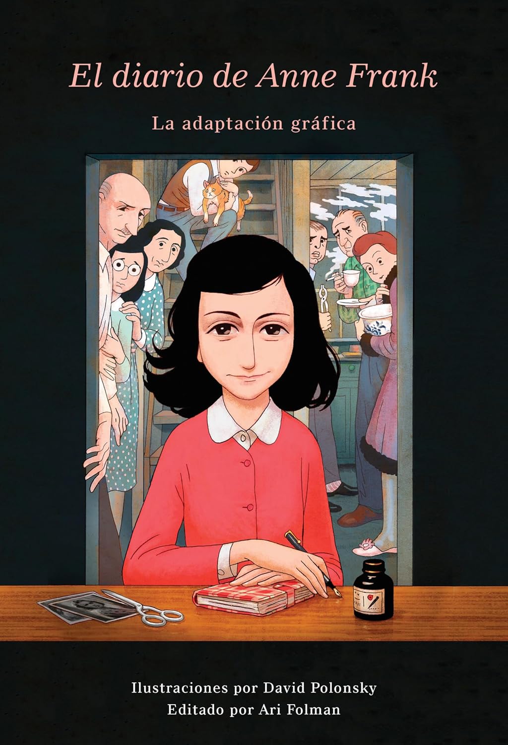The cover of El Diario de Anne Frank (Novela Gráfica) by David Polonsky, edited by Ari Folman, features Anne Frank in a red outfit writing at her desk in Holland while a group observes from the background.