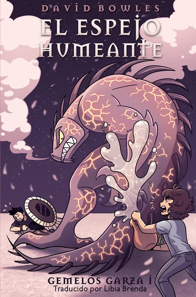 The book cover for El Espejo Humeante by David Bowles features a shape-shifting creature with glowing cracks and smoke, confronting twin warriors holding shields, set against the starry Aztec underworld backdrop.