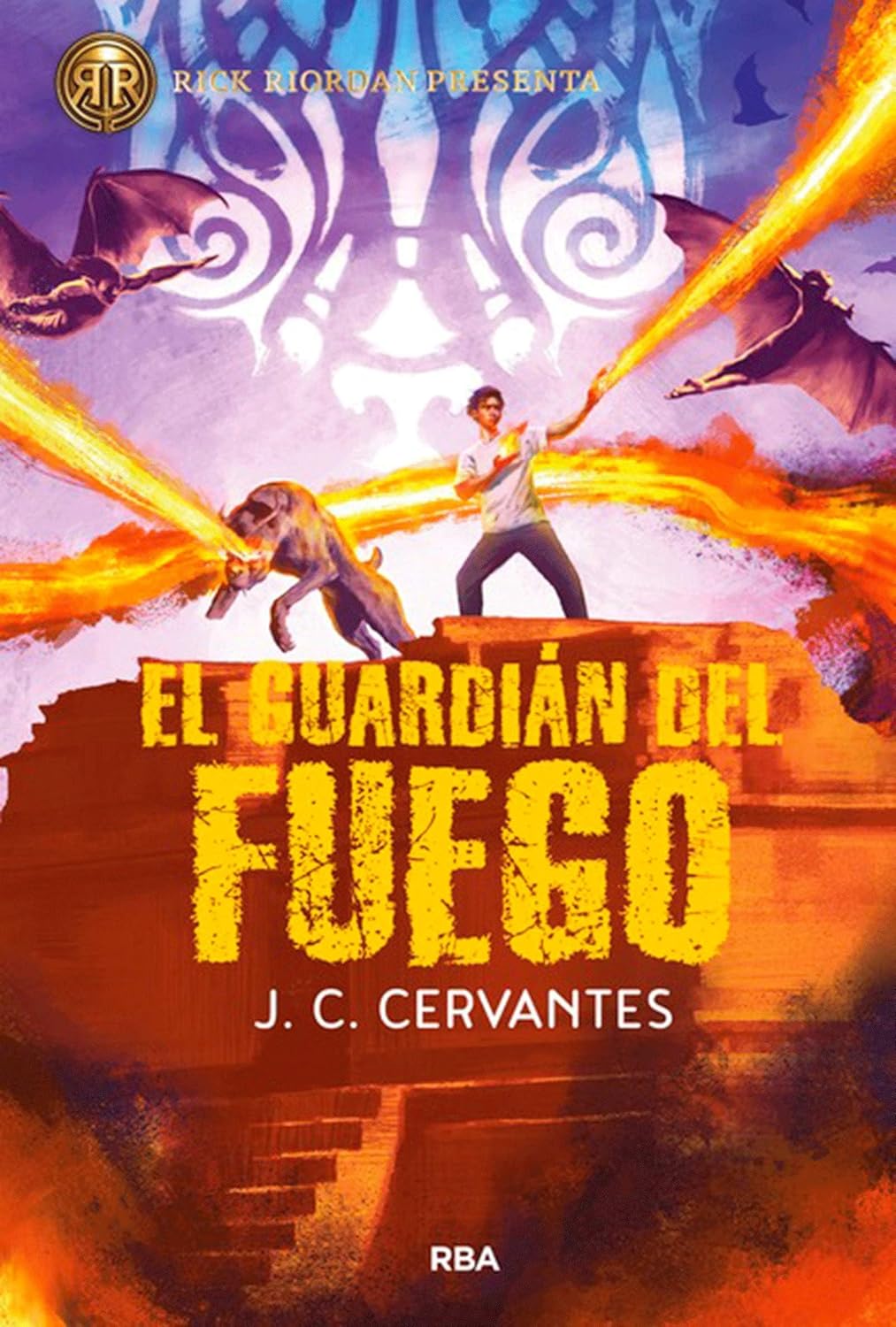 A book cover shows Zane Obispo in a dynamic pose, surrounded by fire-breathing figures atop a pyramid. The title El guardián del fuego by J.C. Cervantes is in bold yellow text, appealing to fans of Rick Riordans godborn and mythical adventure stories.