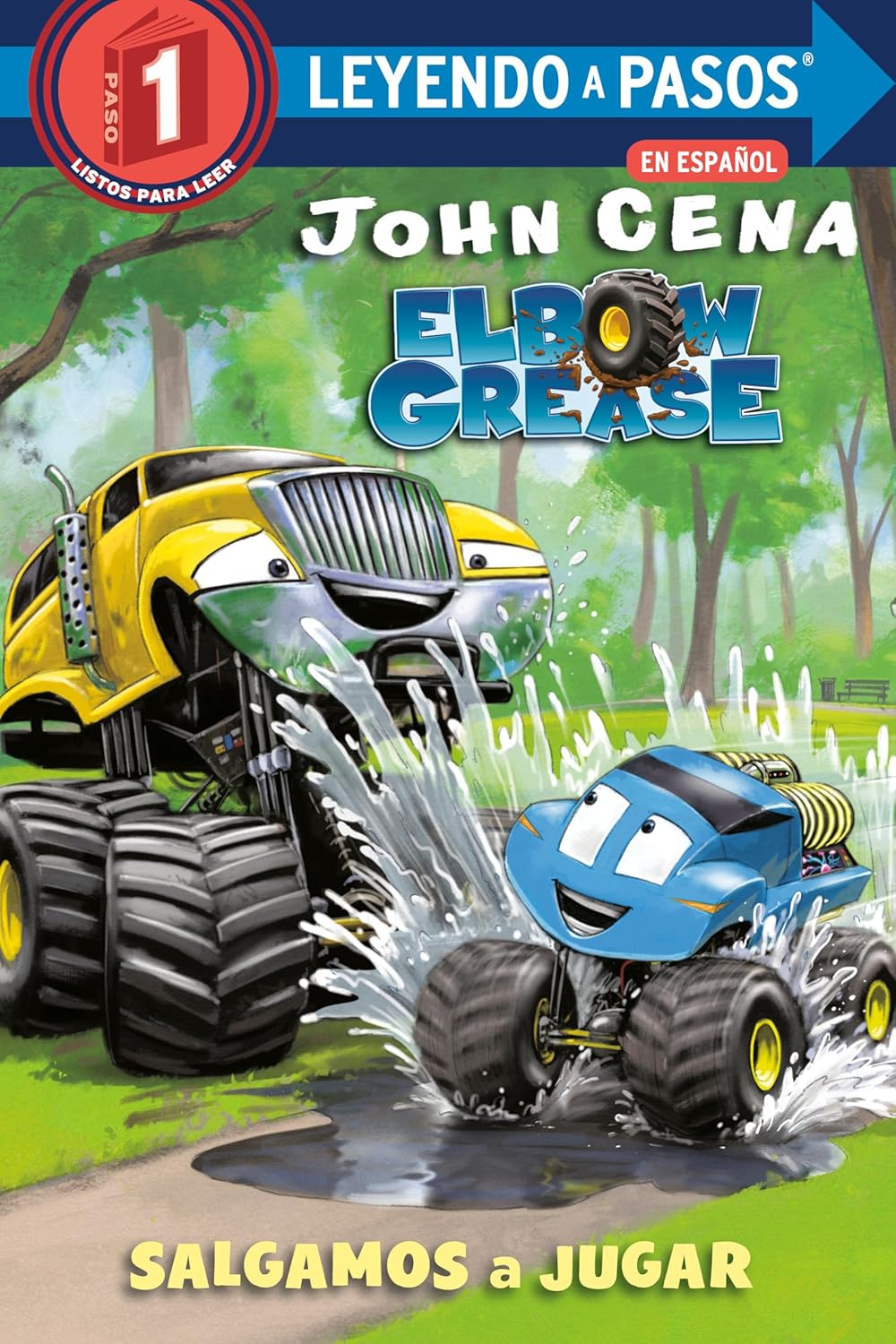 The cover of Elbow Grease: Salgamos a Jugar features two vibrant monster trucks, one yellow and the other blue, playfully splashing through water. Part of a Spanish reading series by John Cena, it promises an adventurous ride.