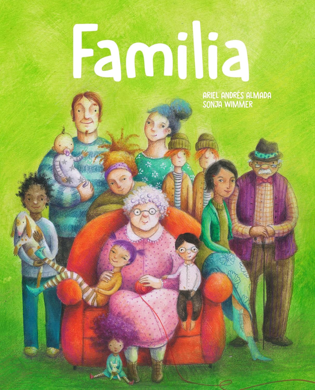 A vibrant illustration of a diverse family gathered around a red armchair embodies Familia. Members of different ages sit and stand, capturing Family Love. The green backdrop enhances the scene as Familia is prominently showcased at the top, ideal for a picture book.