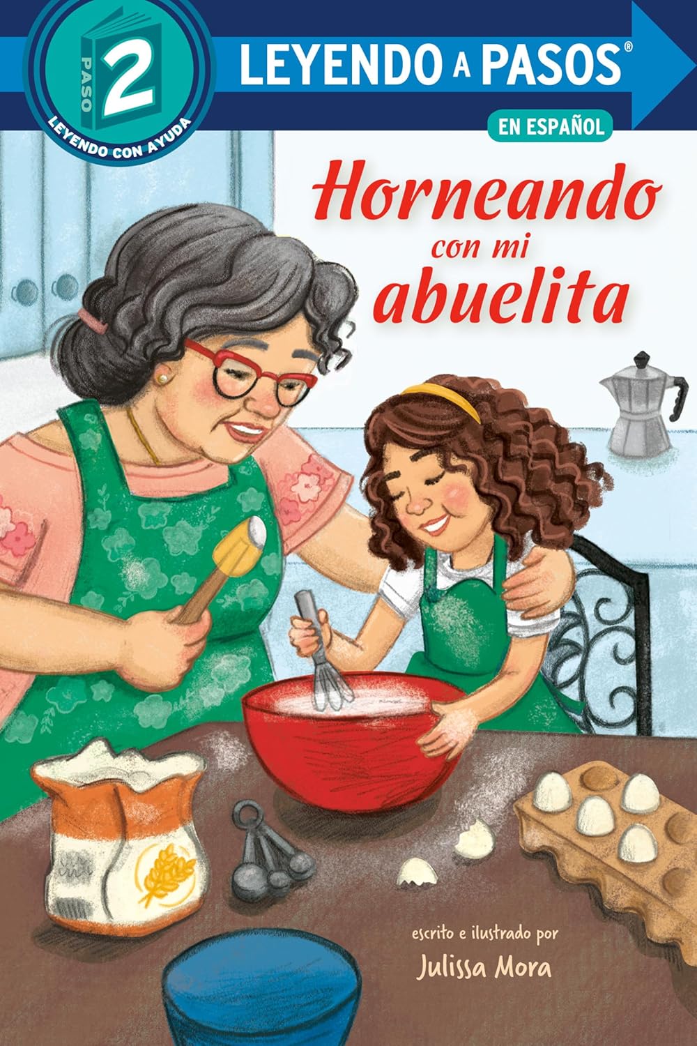 In a cozy kitchen, a grandmother and granddaughter joyfully bake Tres Leches. The grandmother holds a wooden spoon while the granddaughter stirs batter in a red bowl amidst scattered ingredients. The book Horneando con mi Abuelita captures this delightful Step into Reading moment.