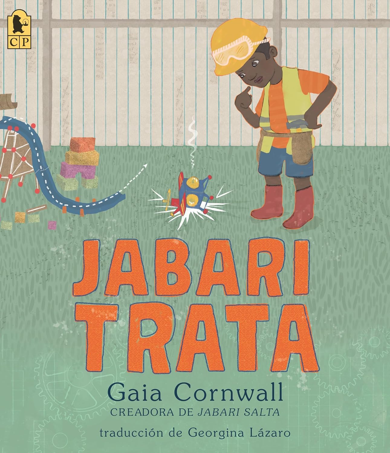 Book cover of Jabari Trata by Gaia Cornwall shows a child in helmet and tool belt inspecting an imaginative flying machine. The background highlights books and a bookshelf, symbolizing perseverance. Text includes the authors name.