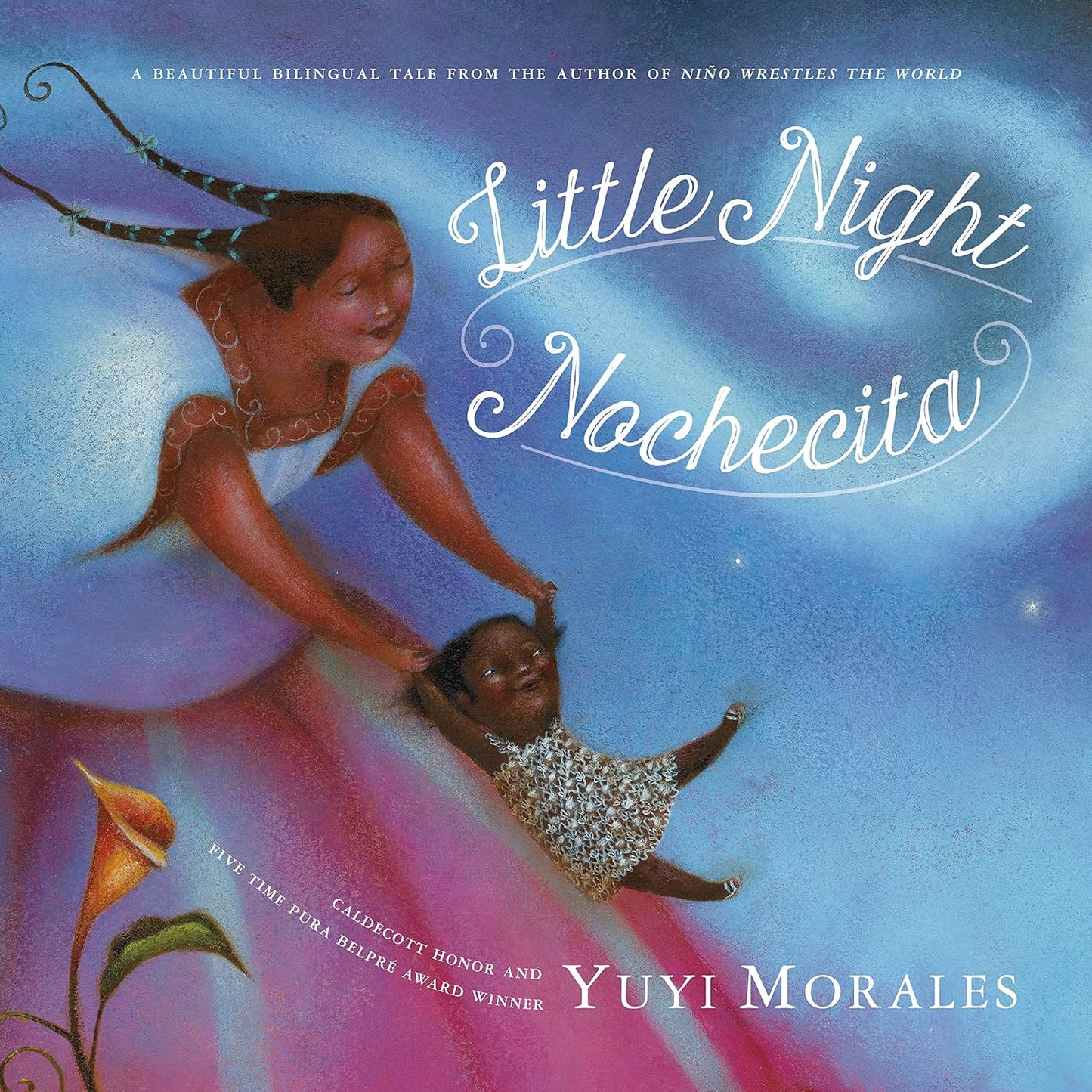 The cover of Little Night/Nochecita by Yuyi Morales, illustrates a smiling mother with her child against a moonlit blue background, showcasing its bilingual story and highlighting the authors name alongside awards and enchanting dual-language content.