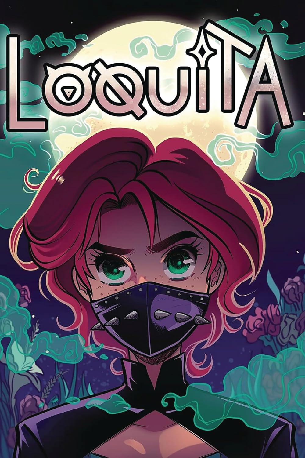 The comic book cover titled Loquita, Supernatural Latina Superhero features a red-haired Latina superhero with a spiked mask, set against a mystical night backdrop with glowing green elements and a large full moon.
