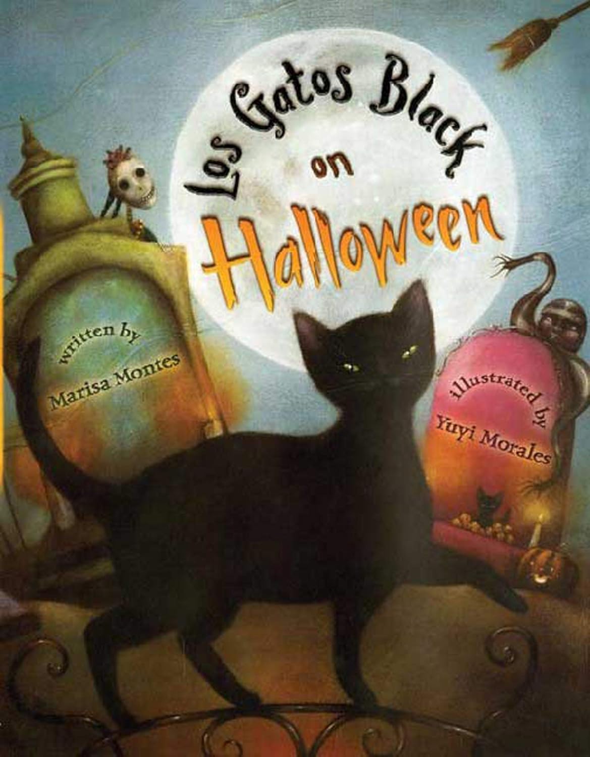 Los Gatos Black on Halloween, a captivating childrens book, features a spooky cover with a black cat under a full moon, gravestones, a skeleton, and a pumpkin. The bilingual poem is ideal for Halloween nights and displays the author’s and illustrator’s names.