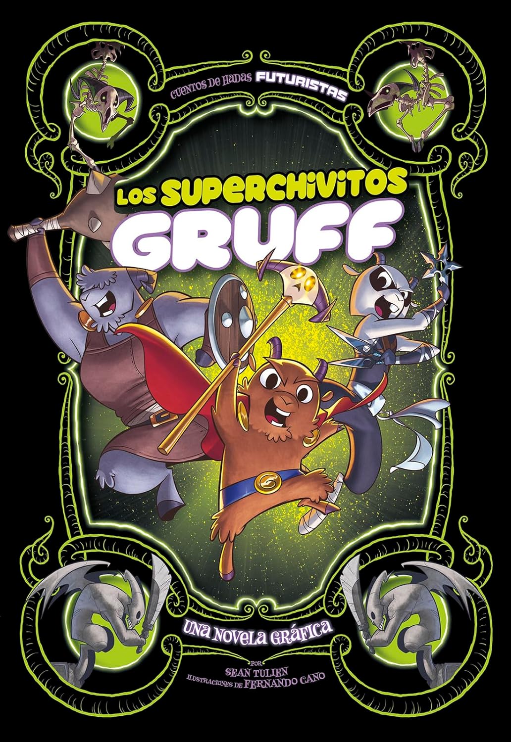The image is the vibrant cover of the graphic novel Los Superchivitos Gruff: Una Novela Gráfica, featuring anthropomorphic goats in action poses, armed against the colorful backdrop of Castillo Hillside, with ornate details and smaller character illustrations.