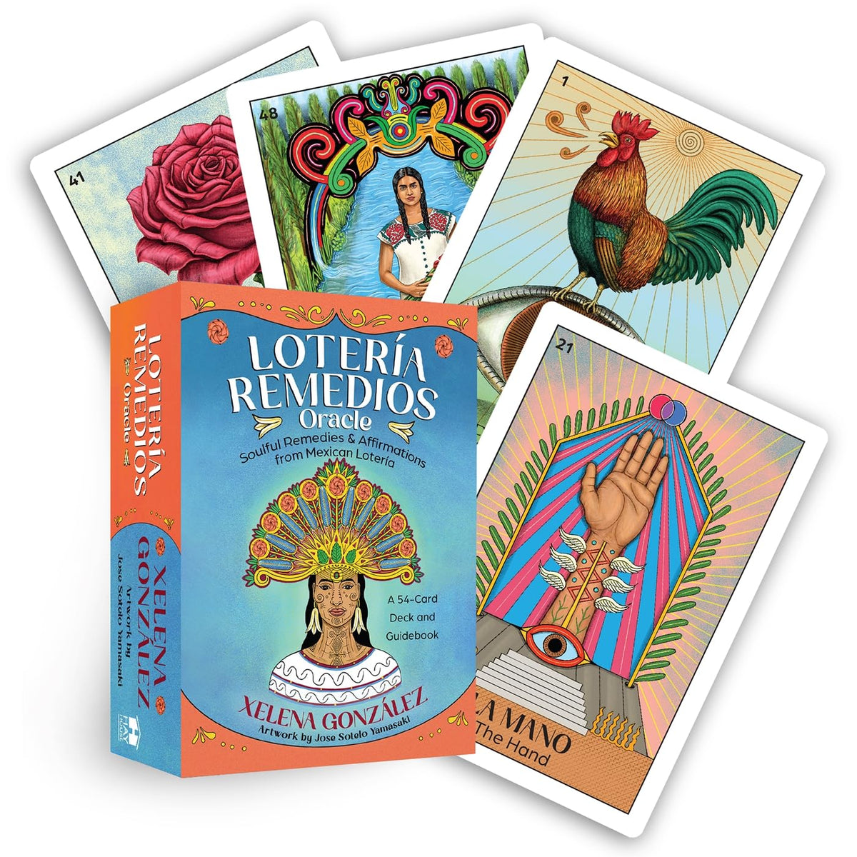The Lotería Remedios set showcases a vibrant box with artwork of a woman adorned with flowers and a sun. The oracle deck includes intricately designed cards featuring symbols like a rose and rooster, each enhanced with divination symbols and numbers.