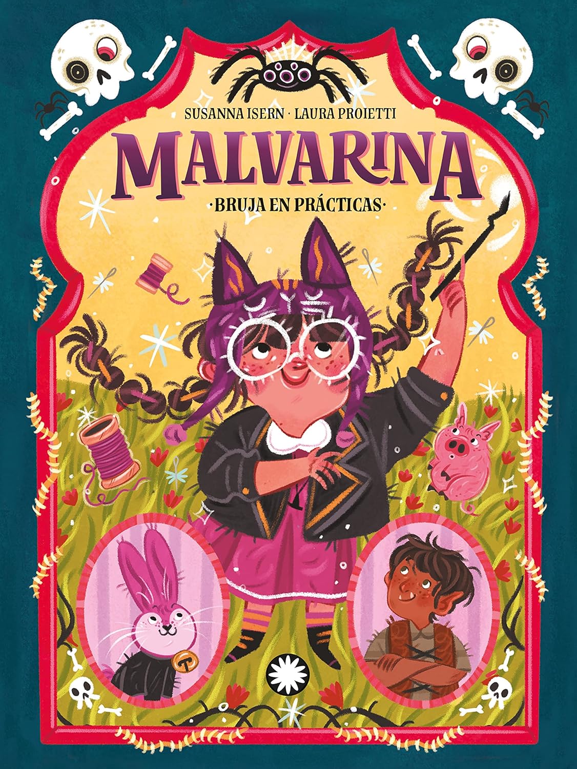 Cover of Malvarina. Bruja en prácticas by Susanna Isern and Laura Proietti: A young witch with glasses and pigtails casts spells amid illustrations of potions, a pink rabbit, and a boy in circular frames below.