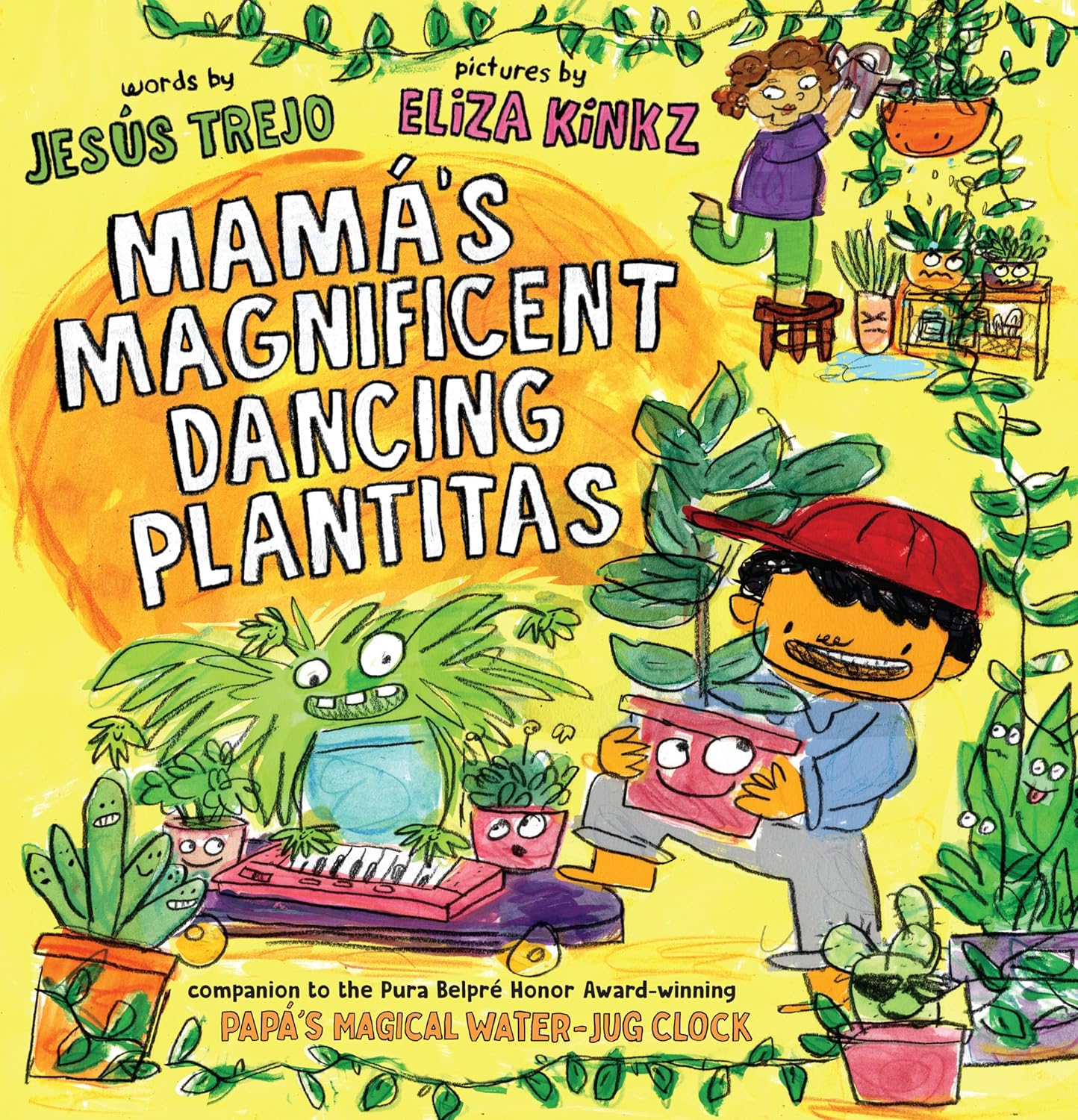 Mamás Magnificent Dancing Plantitas, a BookPage Best Picture Book by Jesús Trejo and Eliza Kinkz, features a child with houseplants dancing joyfully against vibrant illustrations on a colorful yellow cover.