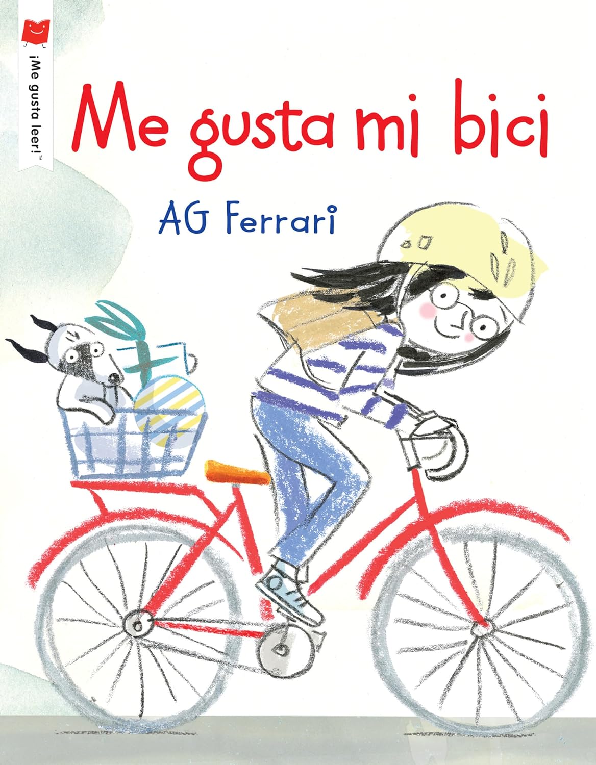 An illustration for Spanish readers shows a person in glasses and a helmet riding a red bike, with a scarf-clad dog holding a ball in the back basket. From the I Like to Read series, its titled Me Gusta Mi Bici by AG Ferrari.