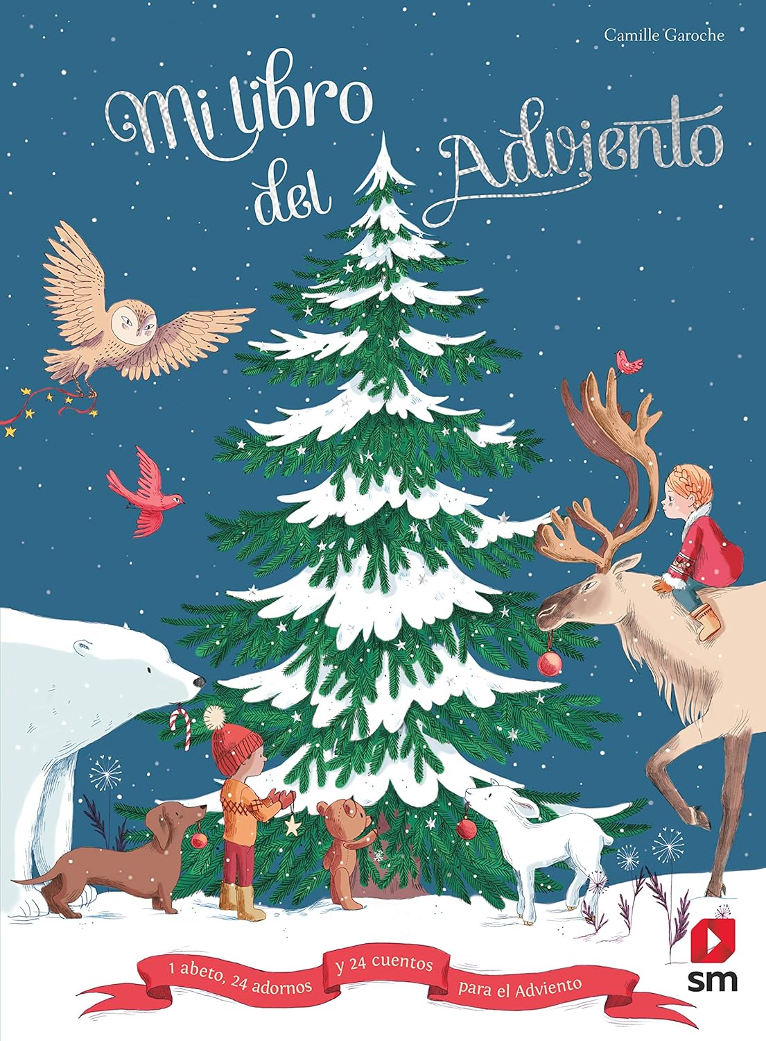 The illustrated cover of Mi Libro del Adviento shows children and animals like a reindeer and polar bear decorating a snowy Christmas tree against a blue backdrop, with birds, a dog, and falling snowflakes completing the scene.