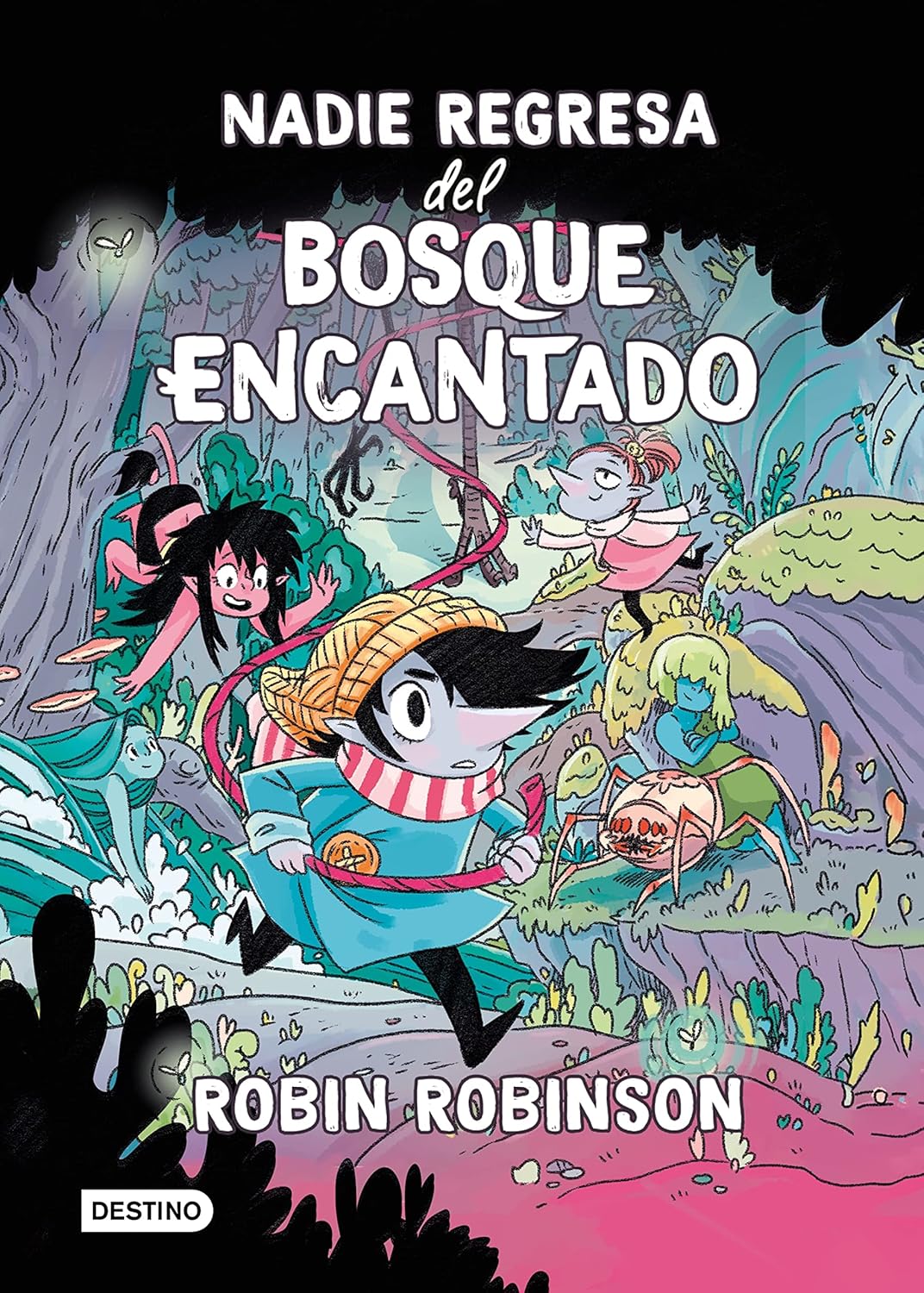 The cover of Nadie Regresa del Bosque Encantado by Robin Robinson depicts characters in a vibrant forest during Solsticio de Verano, with a cape-wearing character holding a lantern amidst lush greenery and mystical elements.
