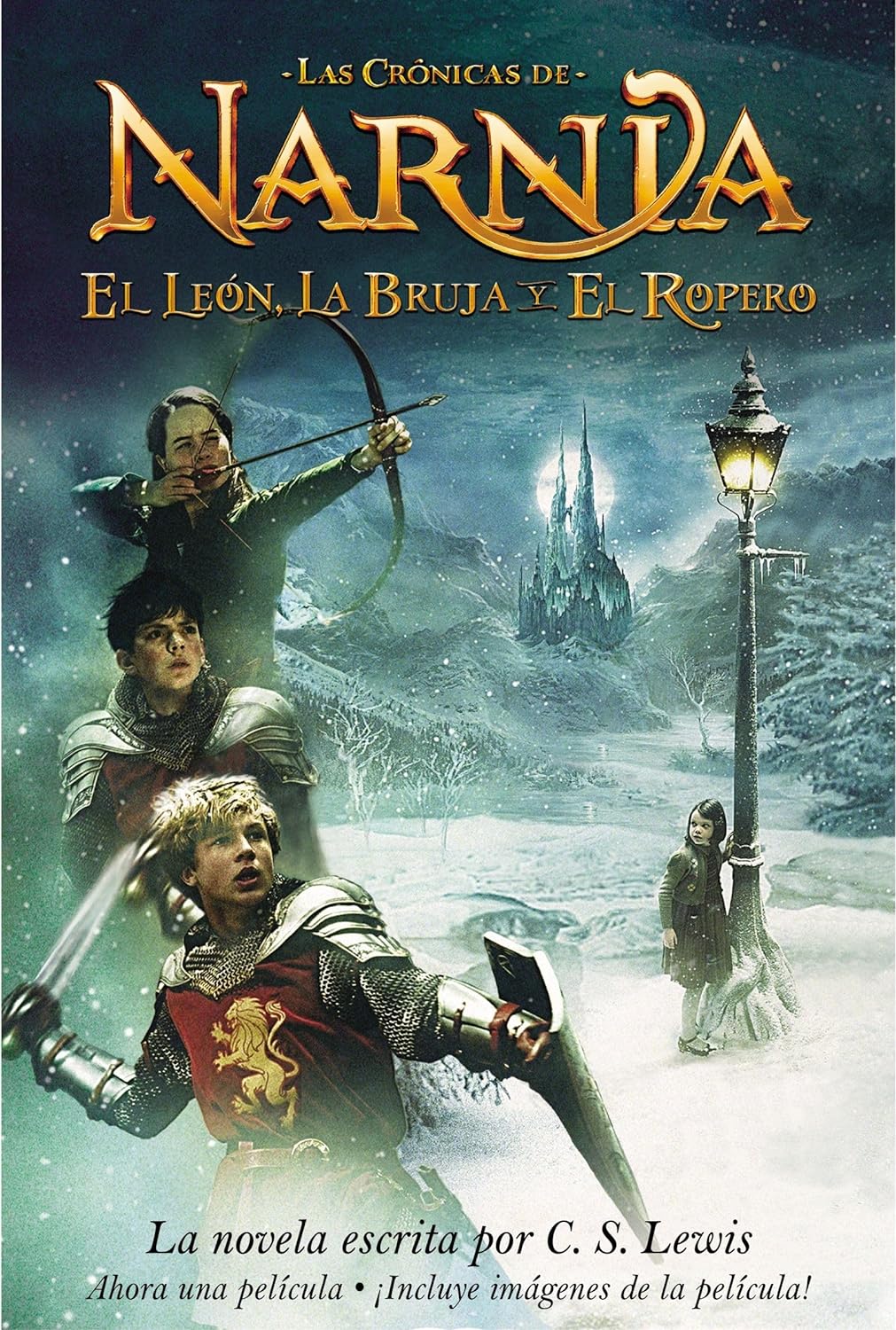 Poster for Narnia -El Leon, La Bruja, y El Ropero, featuring Narnias characters in a snowy landscape with an icy castle. Highlights C.S. Lewis novel brought to life on screen with iconic images and the noble lion, Aslan.
