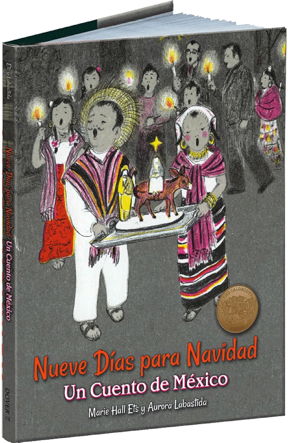 Cover of Nueve Días para Navidad by Marie Hall Ets and Aurora Labastida, showing illustrated children with candles, a nativity figure, and a festive posadas-themed backdrop. A gold medal is also displayed.