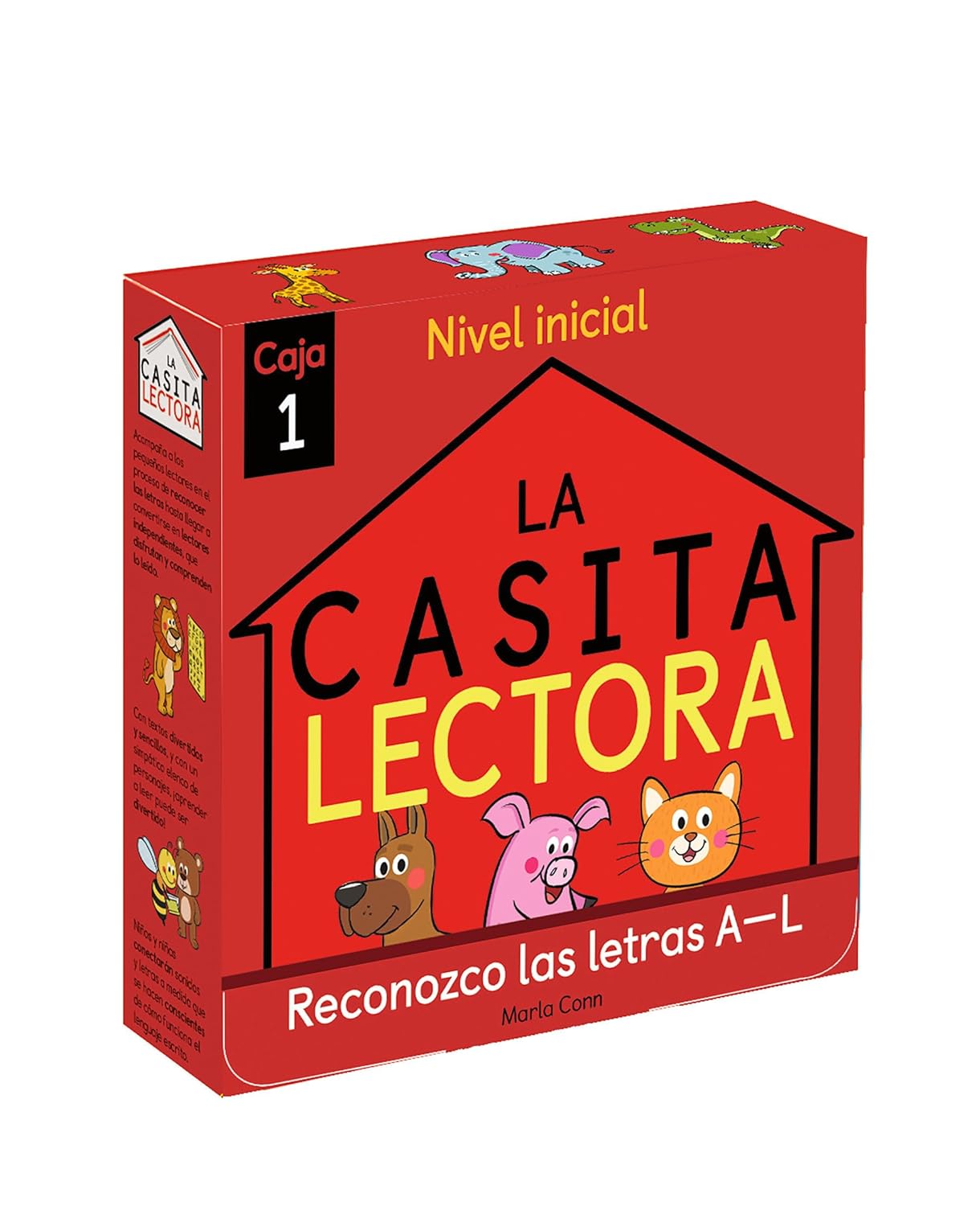 The red box Phonics in Spanish - La Casita Lectora Caja 1 features charming illustrations of a dog, pig, and cat to introduce young readers to letters. Its Nivel inicial, aiding children to aprender a leer with alphabet designs from A-L by Marla Conn.