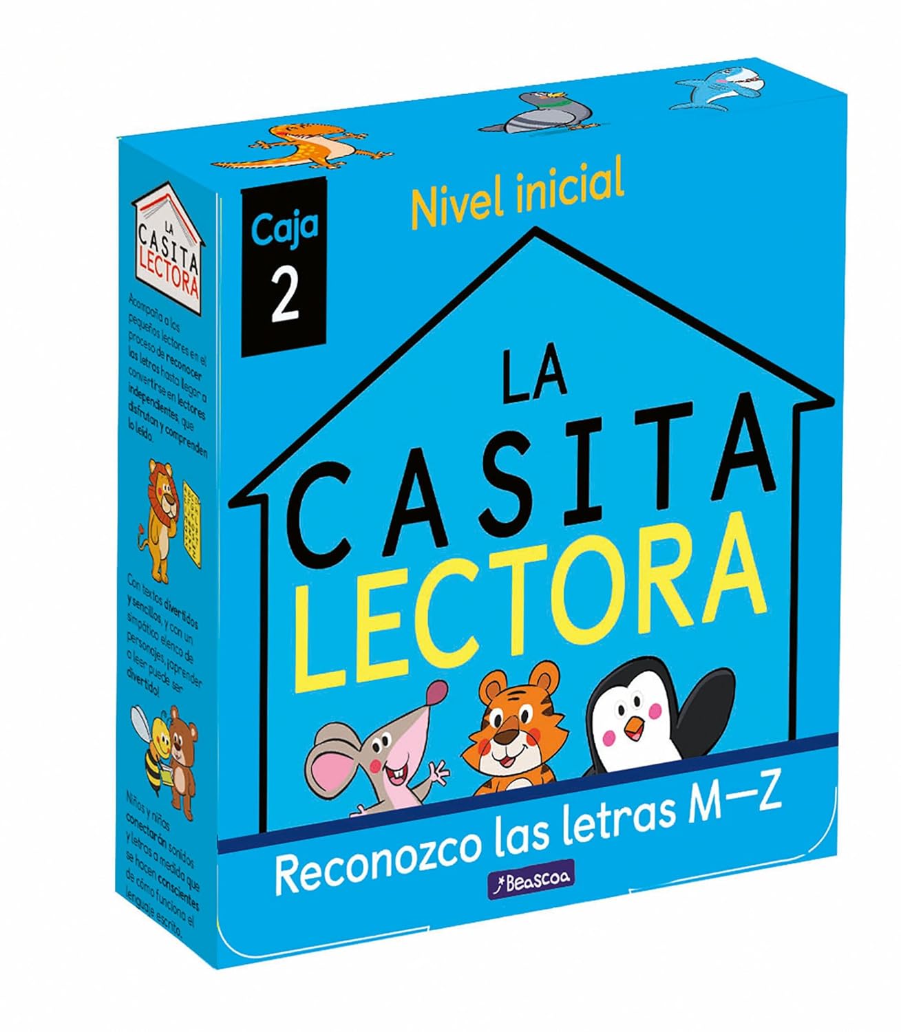 The Phonics in Spanish - La Casita Lectora Caja 2 is a blue box with animal illustrations featuring a bear, mouse, tiger, and penguin. Text reads Nivel inicial, Caja 2, Reconozco las letras M-Z, making it ideal for young readers learning to read libros infantiles.