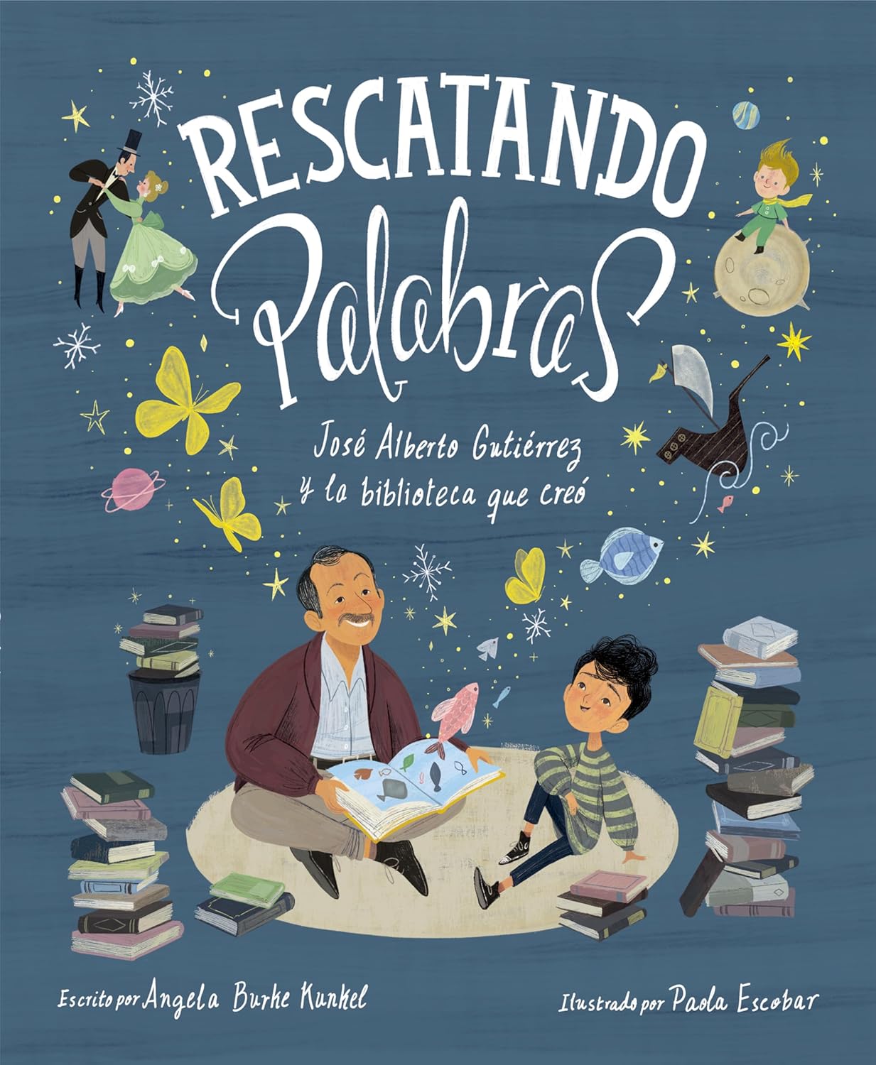 A book cover for Rescatando Palabras displays the stylized title, an adult and child inspired by José Alberto Gutiérrez reading rescued books. They are surrounded by floating objects like a moth and violin against a starry sky, with details about the Bogotá library and illustrator.