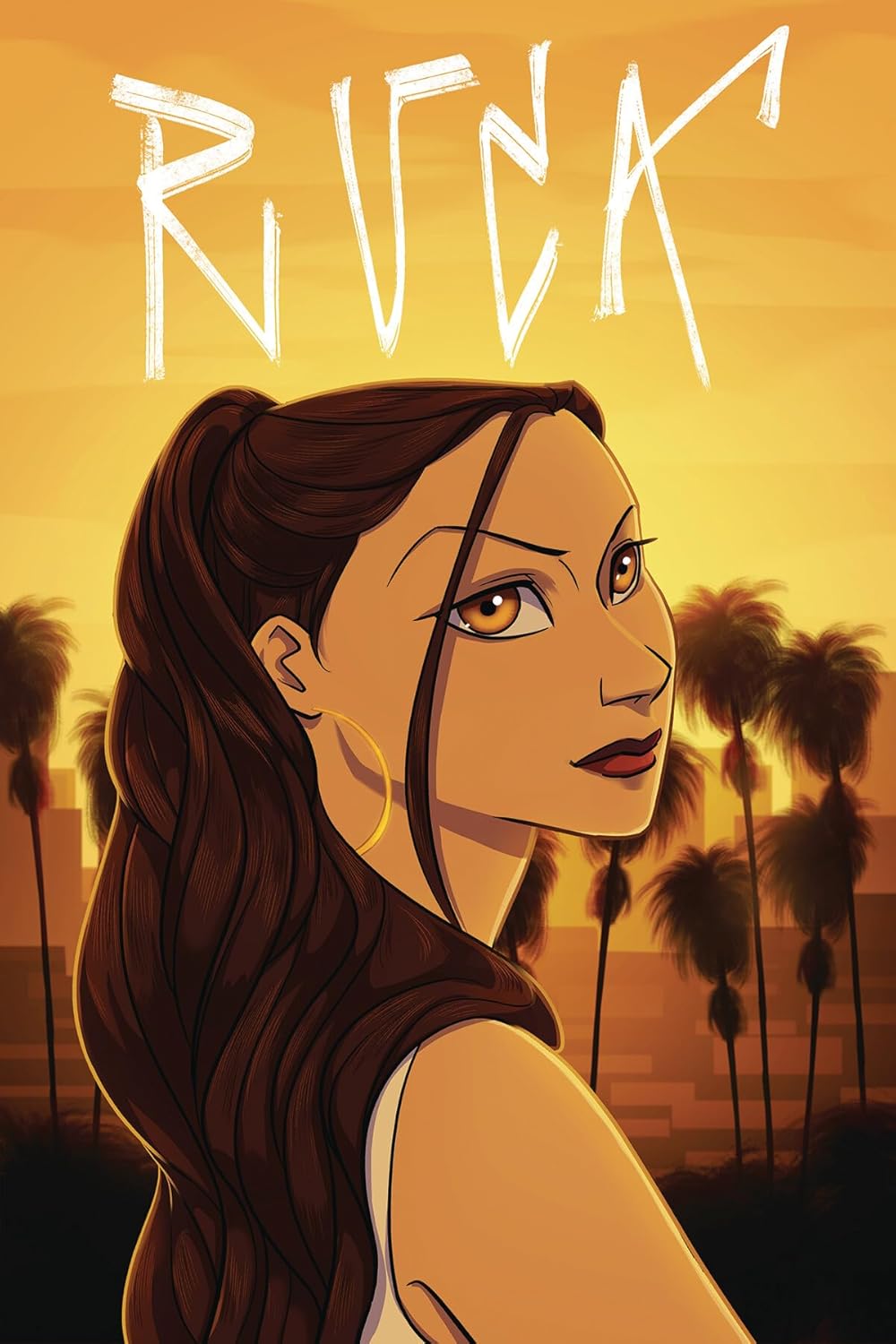 The RUCA, Chicana Superhero features a long-haired Chicana superhero with hoop earrings, set against a sunset and palm trees. RUCA is boldly displayed in white stylized text, embodying the essence of a vibrant Latina superhero universe.