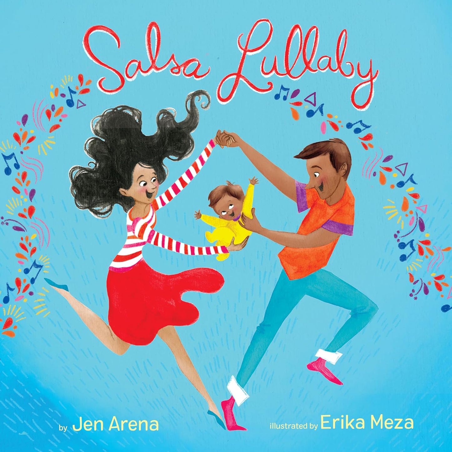 Illustration of a family dancing on a blue backdrop: A long-haired woman in a red skirt holds a baby in yellow, while a man in an orange shirt holds the babys other hand. Surrounded by colorful music notes and floral designs, this captures the essence of Salsa Lullaby.