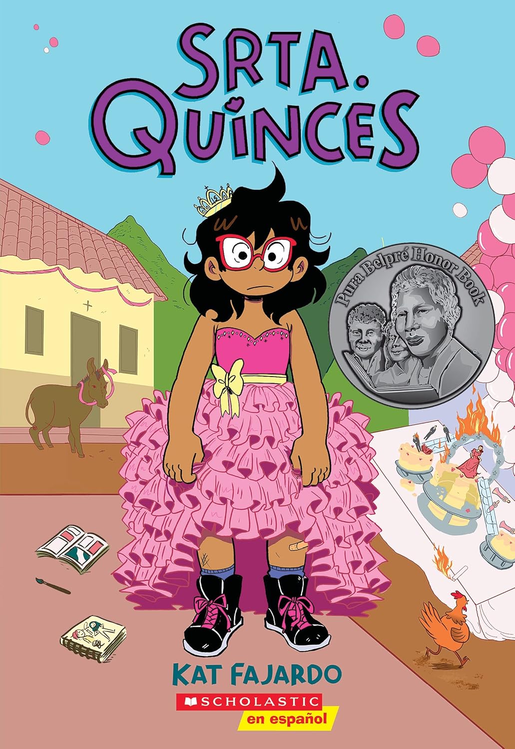 The cover of Srta. Quinces = Miss Quinces: A Graphic Novel by Kat Fajardo is middle-grade themed, showing a quinceañera in a pink ruffled dress with a llama under sunny skies, holding cake with mountains behind her, and features a metallic award badge in the upper right corner.
