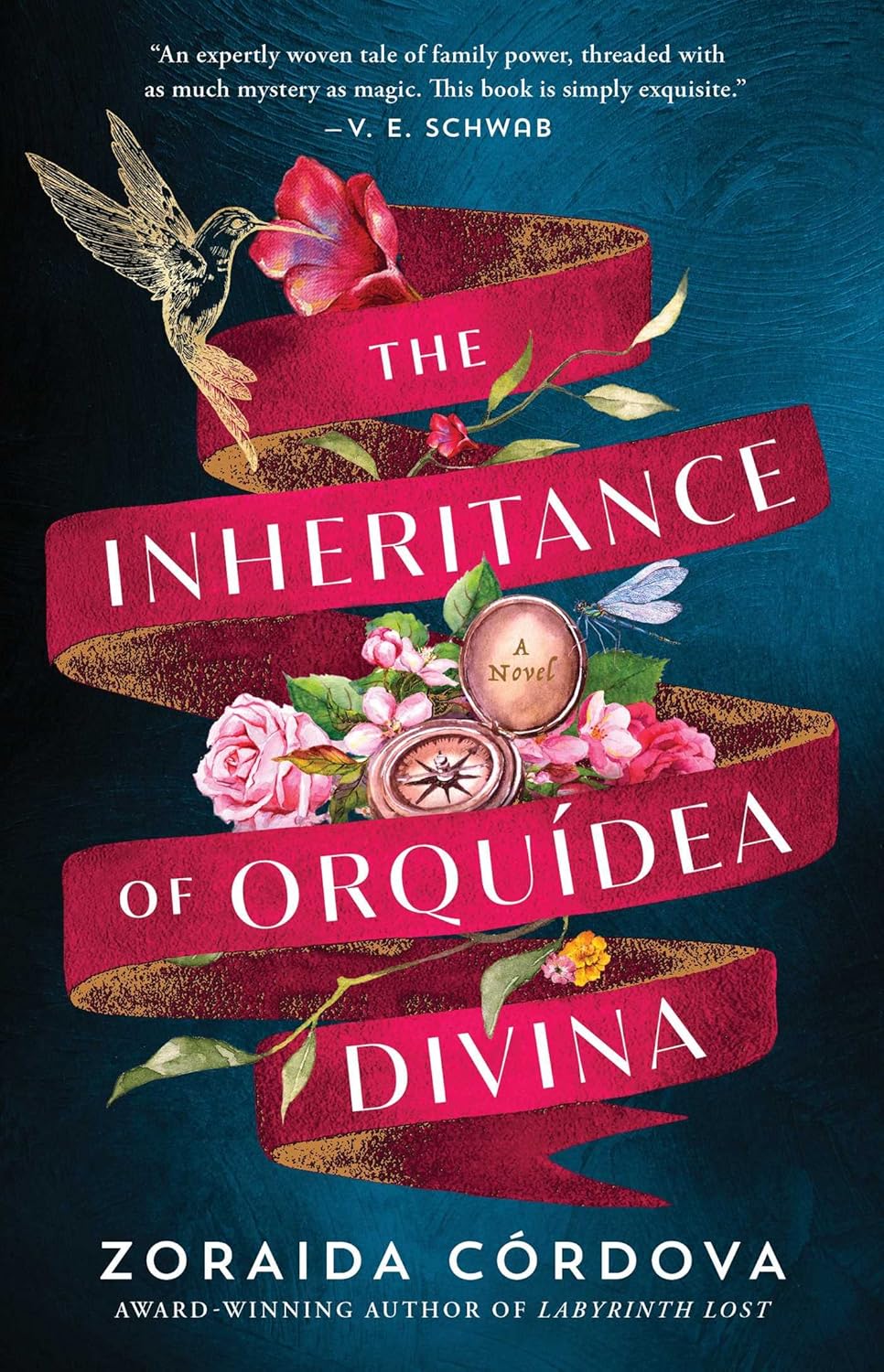 The book cover for The Inheritance of Orquídea Divina by Zoraida Córdova features its title on a red ribbon with floral and insect designs on a dark blue background, hinting at family secrets. A small clock and quote complete the captivating design.