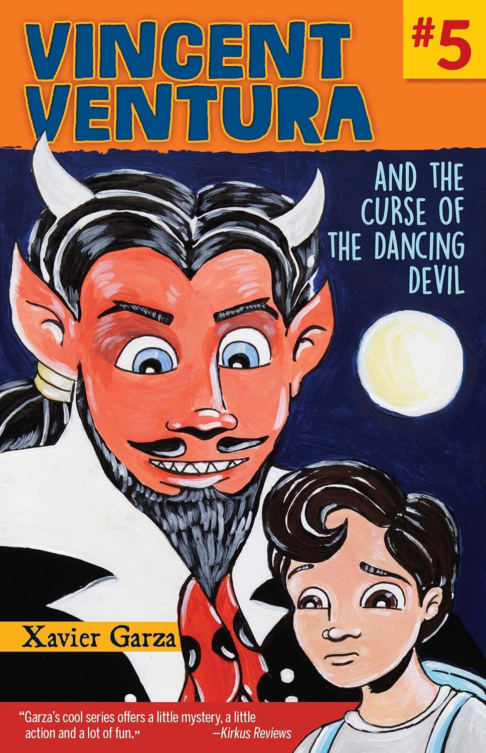 The book cover Vincent Ventura Y La Maldición del Diablo Bailarín (Bilingual) features a horned, red-skinned character with a mischievous smile beside a worried boy, capturing an urban legends essence. The authors name, Xavier Garza, is displayed below.