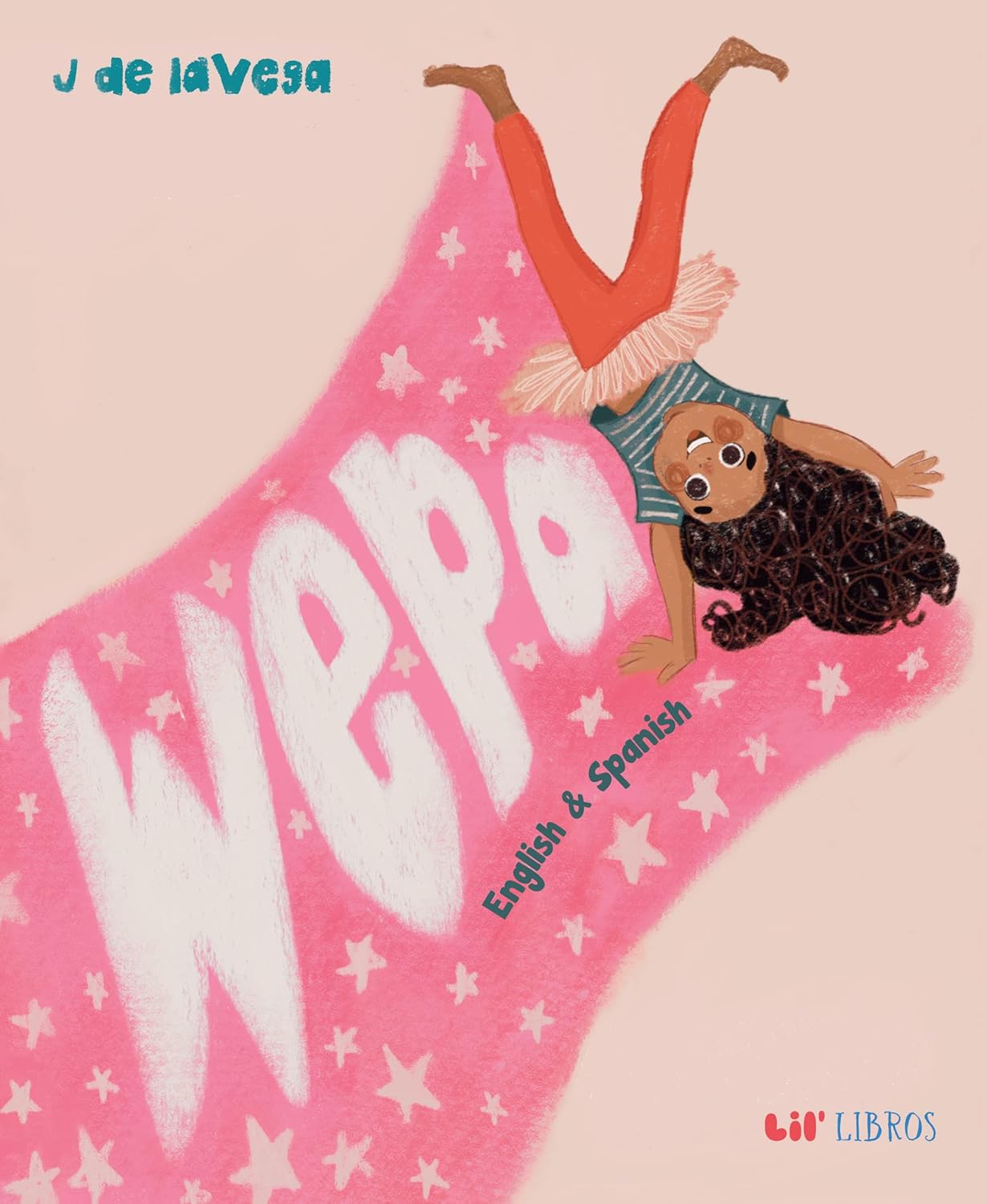 The childrens book cover for Wepa by Lil Libros features the title in large white letters. It depicts a girl with long black hair wearing a striped shirt and orange skirt, leaning back, symbolizing a bilingual adventure and supportive community.