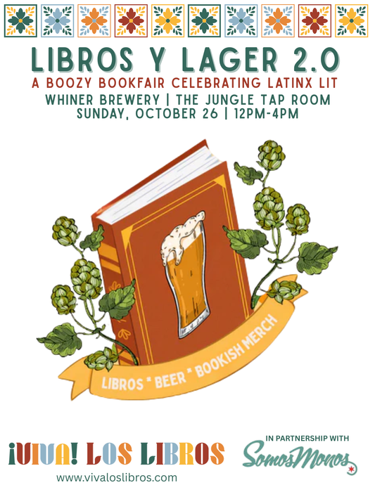 Promotional flyer for 'Libros y Lager 2.0' event with book and beer design.
