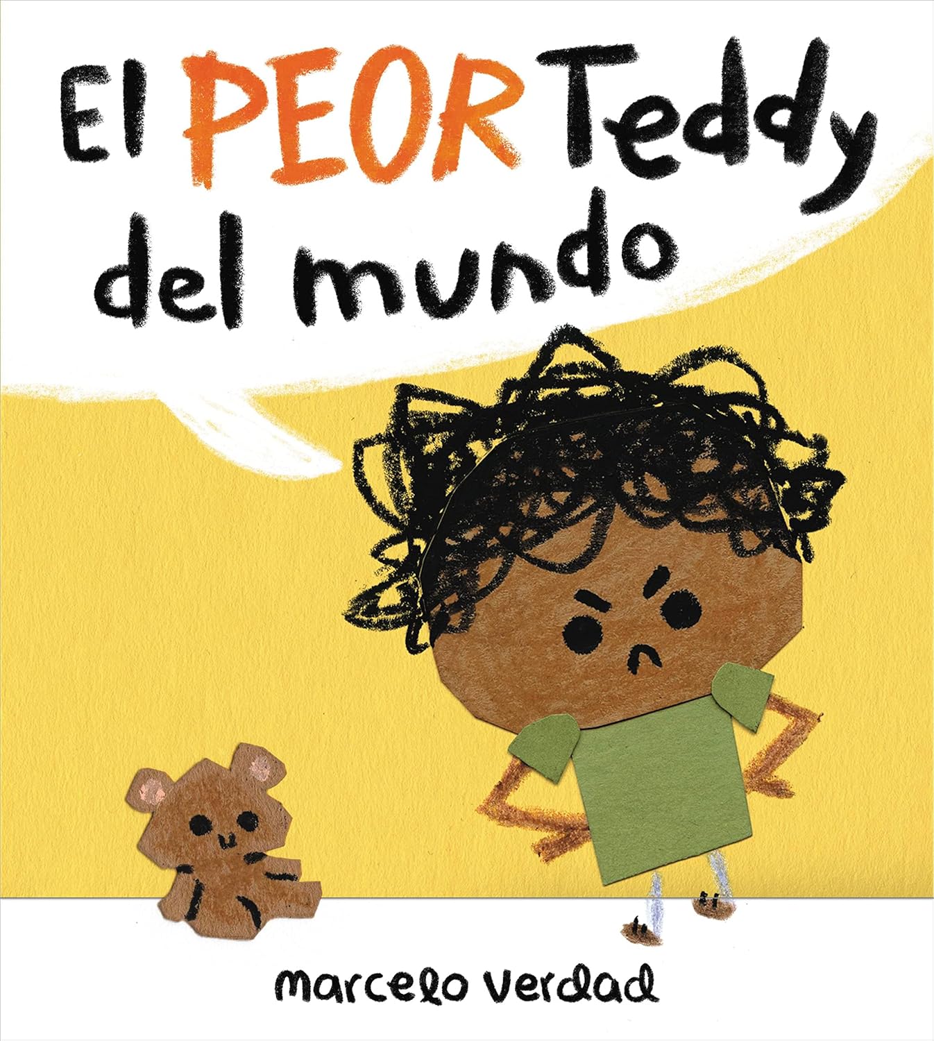 The image features the cover of El peor Teddy del mundo by Marcelo Verdad, showing a somber Noa with messy hair and a small brown teddy bear against a yellow and white background.