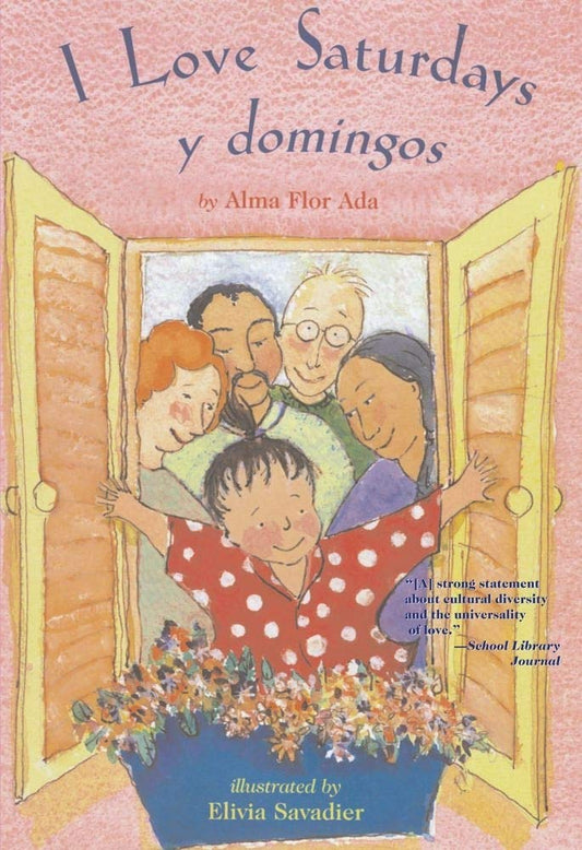 A diverse group of smiling adults and a child celebrate cultural heritage by an open window with flower pots, the childs arms outstretched. They are depicted in I Love Saturdays y Domingos by Alma Flor Ada, illustrated by Elivia Savadier.