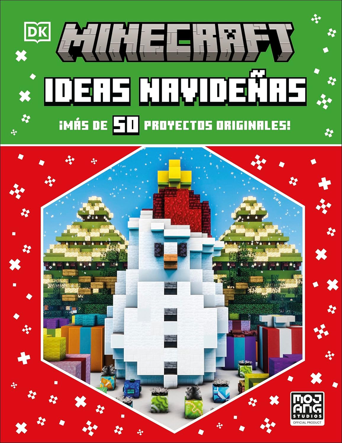 The cover of Ideas Navidenas - Minecraft features a pixelated snowman and Christmas trees created from Minecraft blocks. It offers over 50 original Navidad projects, displaying the DK and Mojang Studios logos.