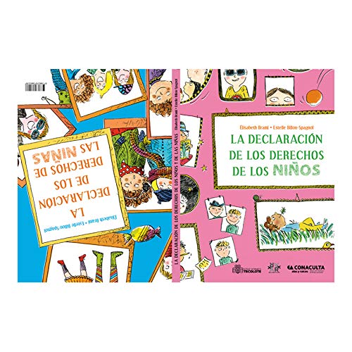 The image showcases the vibrant front and back covers of La declaración de los derechos de las niñas y de los niños by Elisabeth Brami and Estelle Billon-Spagnol, featuring colorful illustrations that emphasize equality through playful depictions of childrens invented rights against a pink and yellow background.
