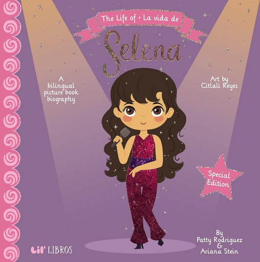 The illustrated cover of La vida de Selena - special edition showcases a cartoon girl with long dark hair in a glittery outfit holding a microphone, set against purple and pink hues with a decorative border, celebrating the Queen of Tejano Music, Selena Quintanilla.