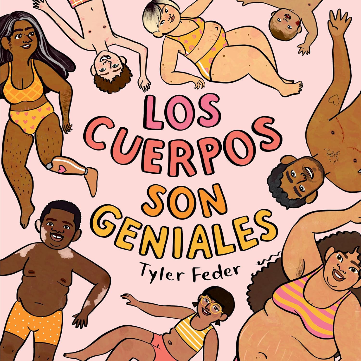An illustration of diverse body types in swimsuits on a pink background with the text Los cuerpos son geniales and Tyler Feder, celebrating body diversity and self-love.