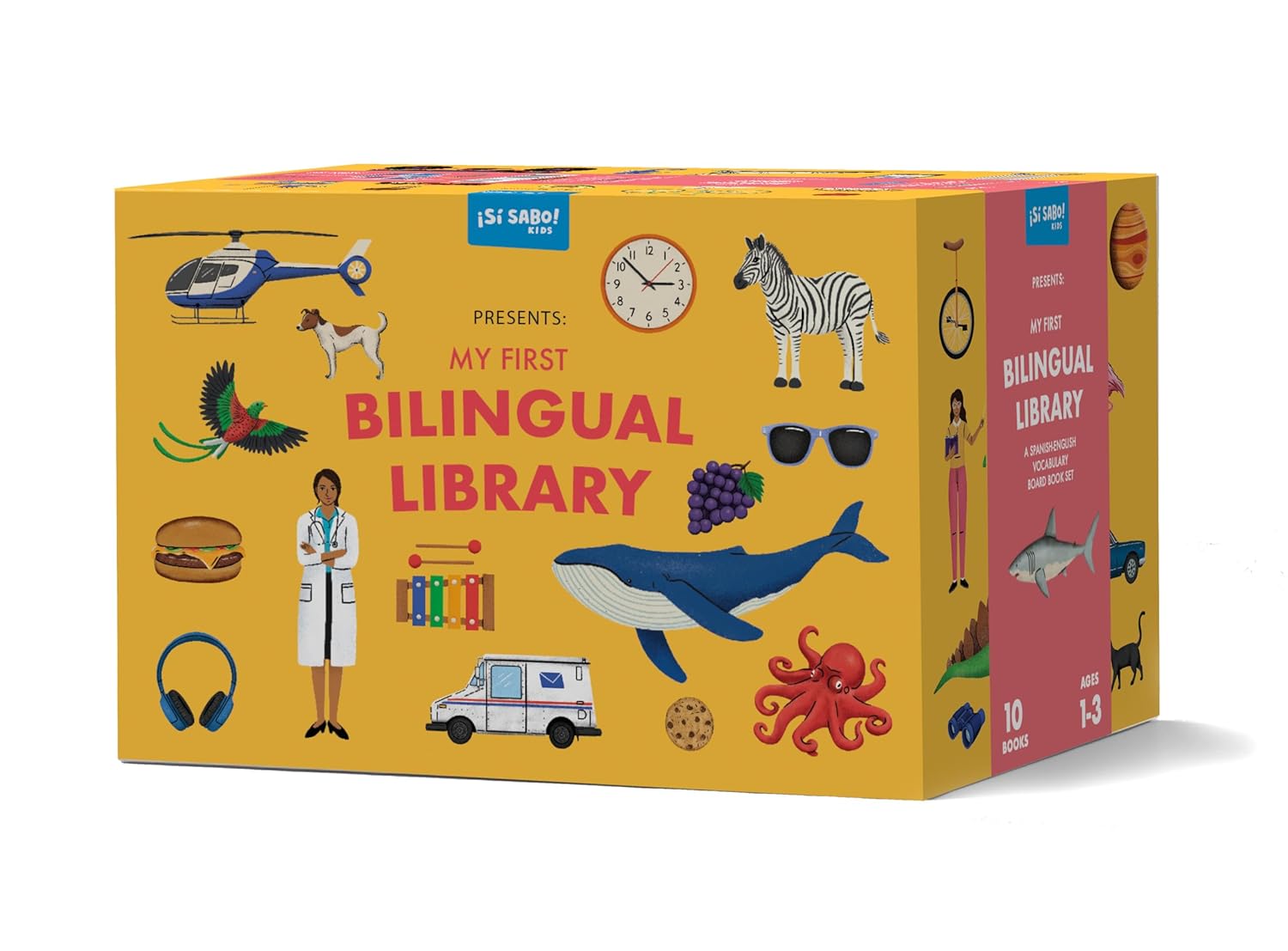 My First Bilingual Library by 5 Senses is a vibrant yellow box set for ages 1-3, perfect as a baby gift. It features illustrations of a helicopter, zebra, and more with 10 bilingual English-Spanish board books for basic language learning.