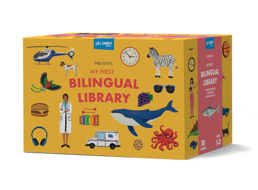 My First Bilingual Library by 5 Senses is a vibrant yellow box set for ages 1-3, perfect as a baby gift. It features illustrations of a helicopter, zebra, and more with 10 bilingual English-Spanish board books for basic language learning.