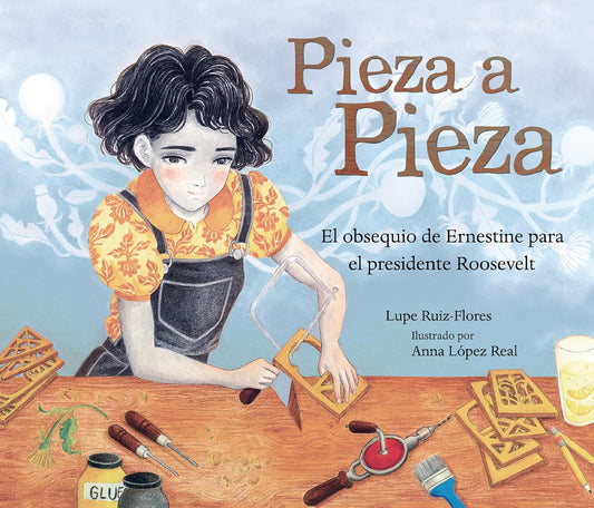 The cover of Piece by Piece shows an illustrated Mexican American teen with short dark hair in a yellow-orange outfit, focused on assembling a wooden model at a table surrounded by tools, embodying resilience reminiscent of the Great Depression. The title and Ernestine Guerreros name appear above.