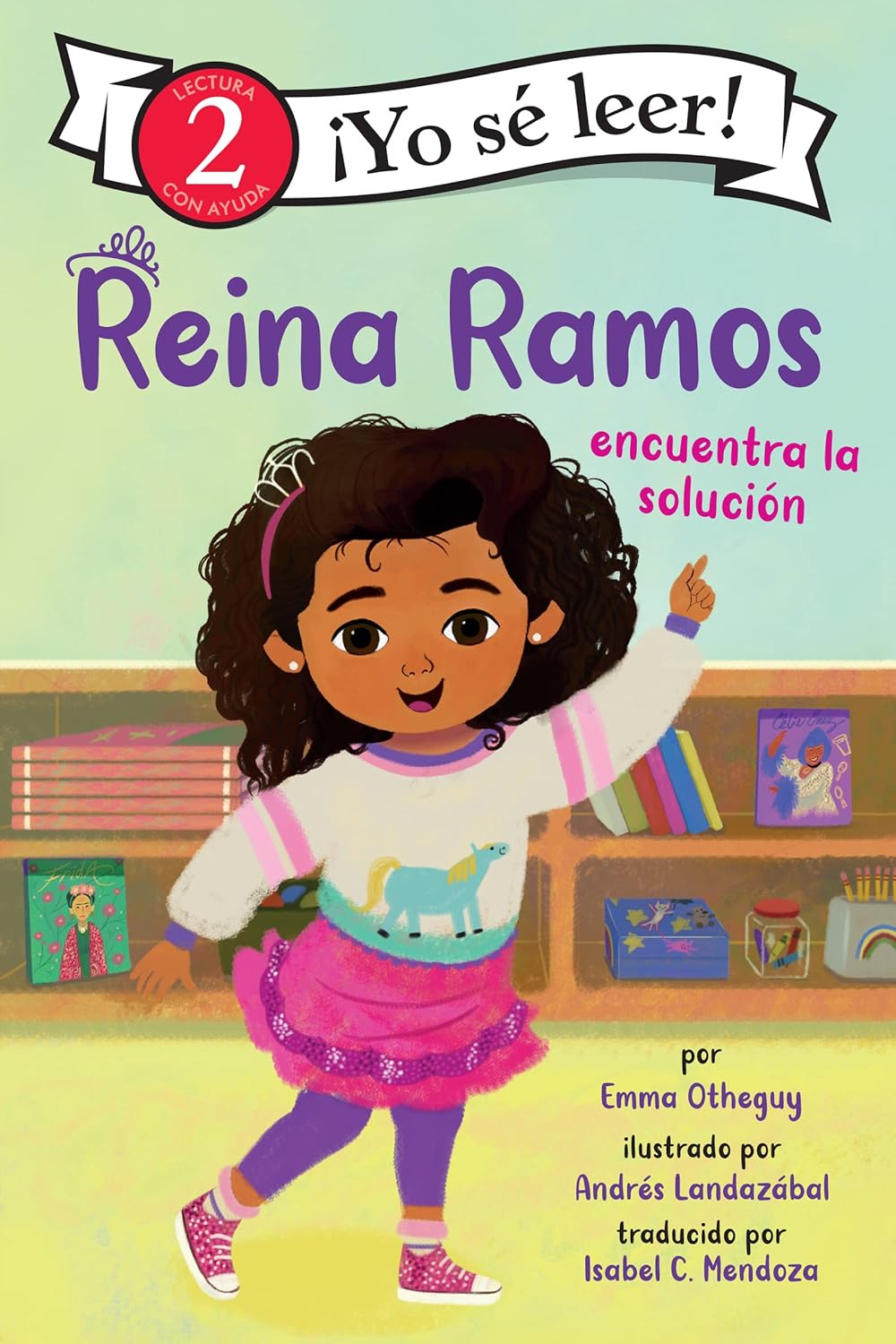 The cover of the childrens book Reina Ramos Encuentra La Solución: Reina Ramos Works It Out (Spanish Edition) shows Reina, inspired by Frida Kahlo, confidently raising her fist. She wears a purple skirt and white unicorn shirt amidst books and a vibrant painting for wax museum day adventures.