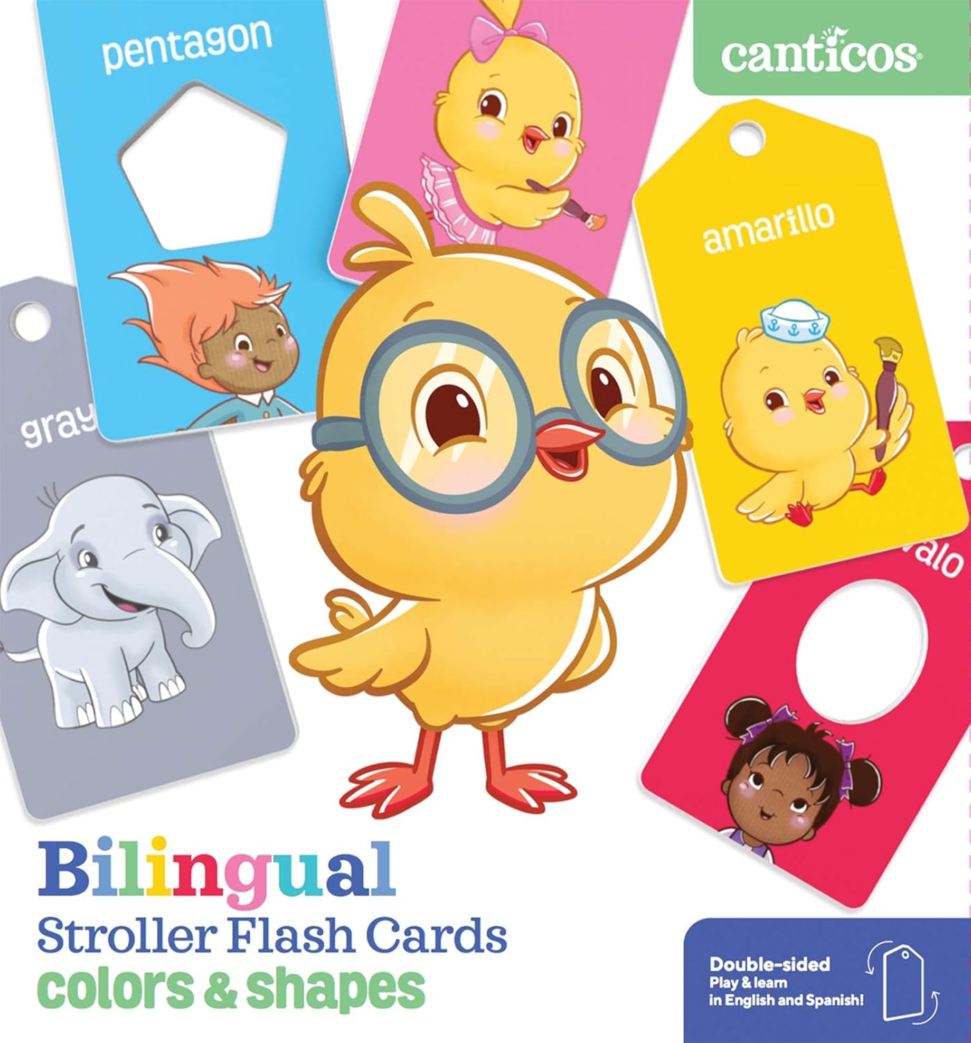 The cover of Stroller Cards features a cartoon yellow bird with glasses, surrounded by colorful educational products. The cards display vibrant images of animals and children, labeled with colors and shapes in both English and Spanish.