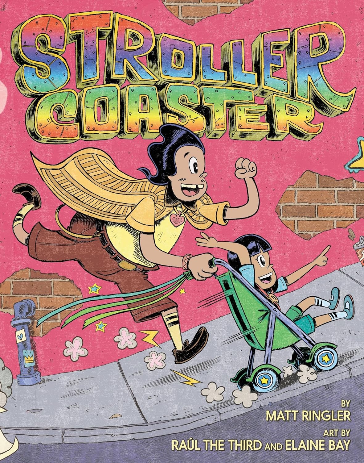 A joyful adult pushes a child in a green stroller down a lively urban sidewalk. Both smile, wearing vibrant colors. The pink background showcases the title Strollercoaster by an award-winning artist team in colorful, bold letters.